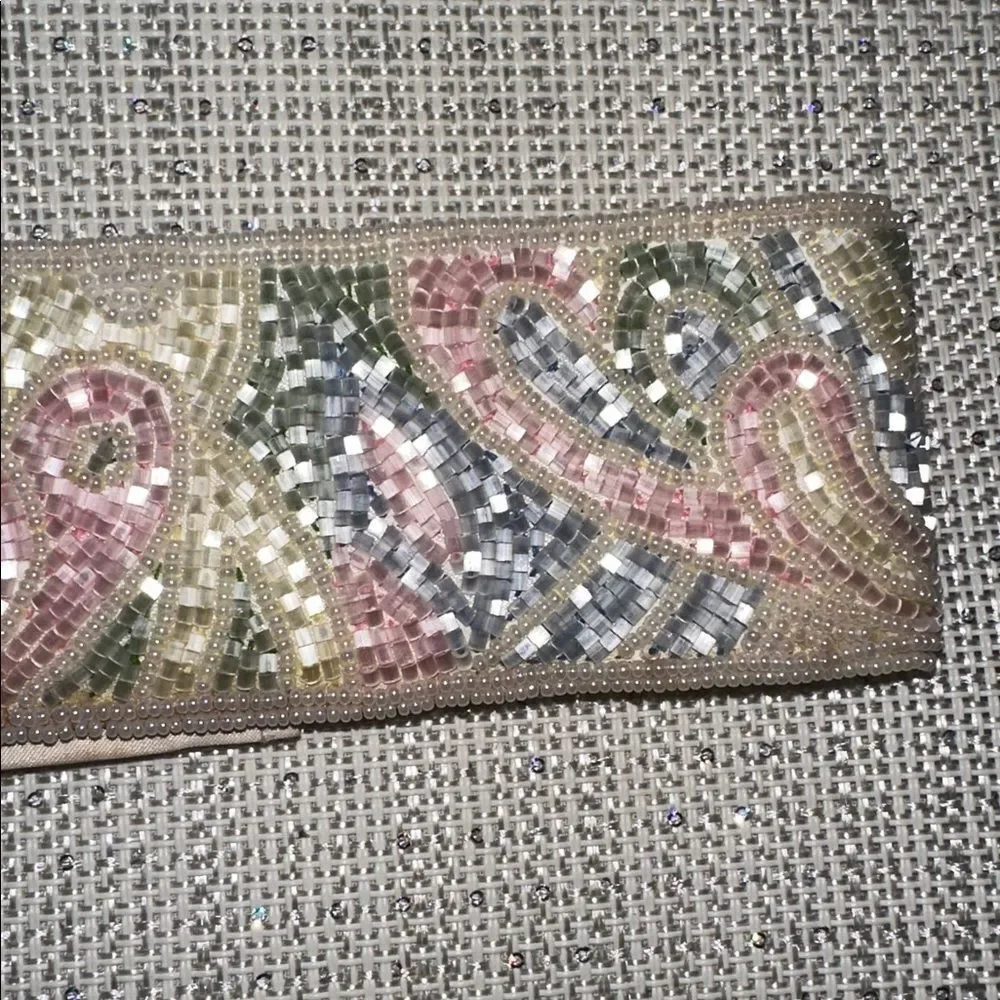 Vintage S Ivory Pink Green Yellow Blue Beaded Pastel Colored Wide Velcro Belt